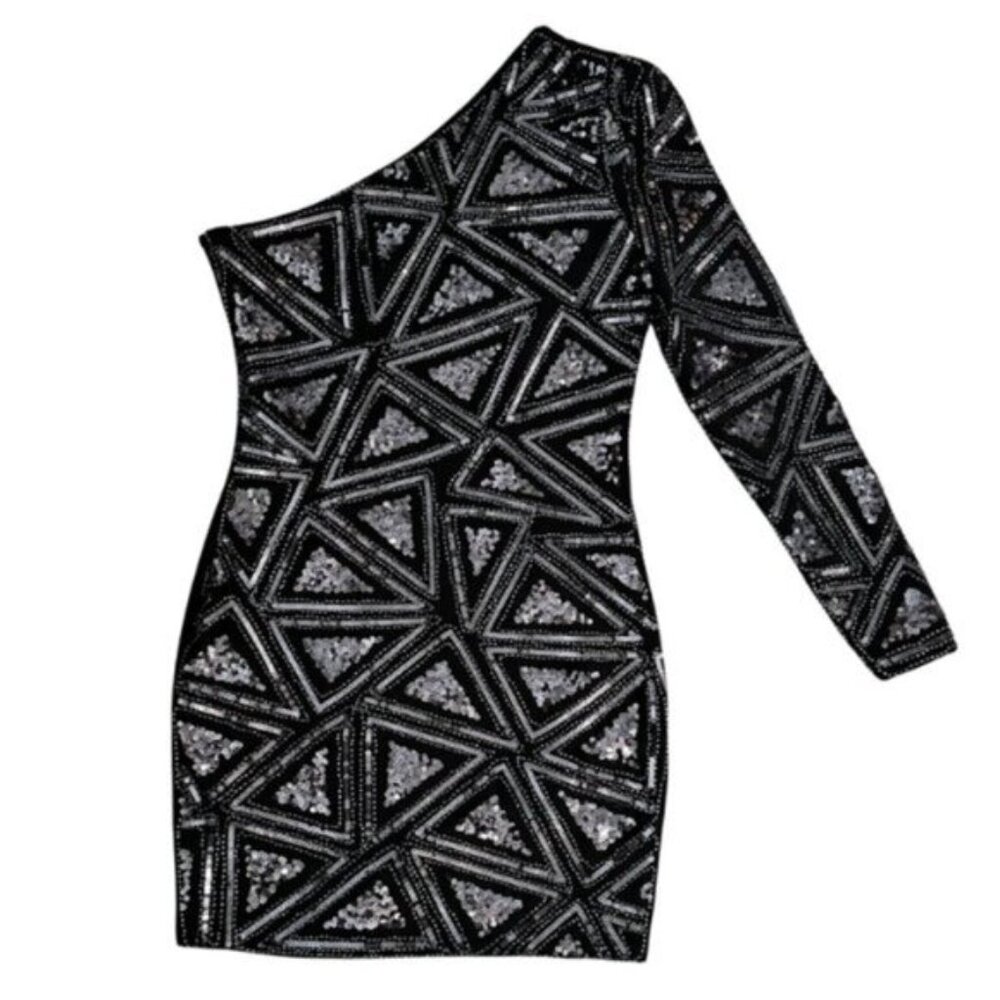 2B BEBE One-Shoulder Sequin Mini Dress Black Medium Party Glam Edgy New With Tag